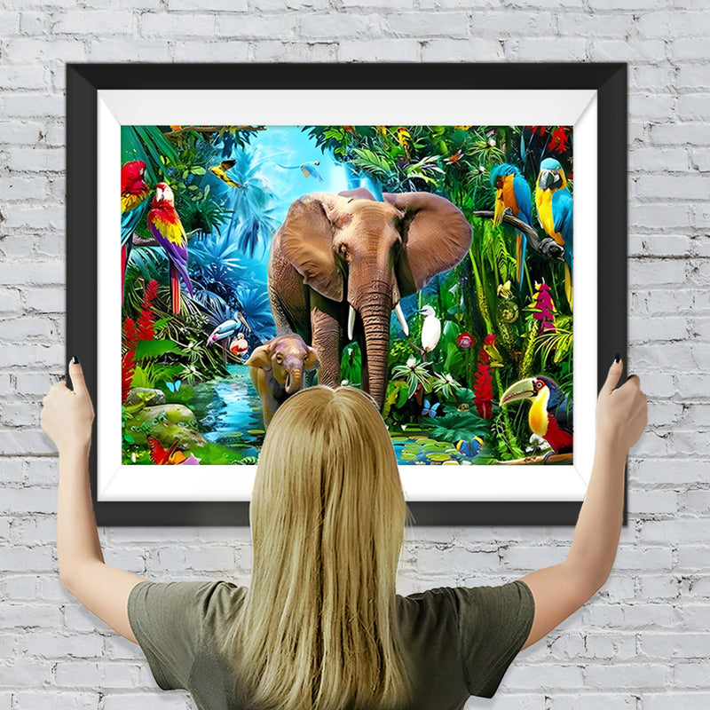 Elefanten und Papageien im Regenwald Diamond Painting