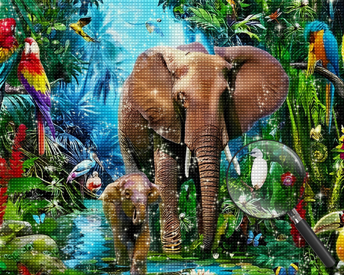 Elefanten und Papageien im Regenwald Diamond Painting