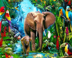 Elefanten und Papageien im Regenwald Diamond Painting