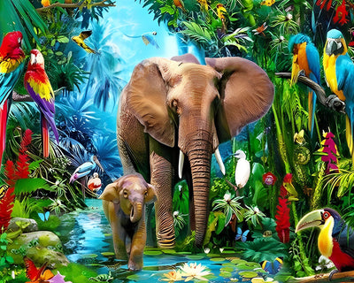 Elefanten und Papageien im Regenwald Diamond Painting
