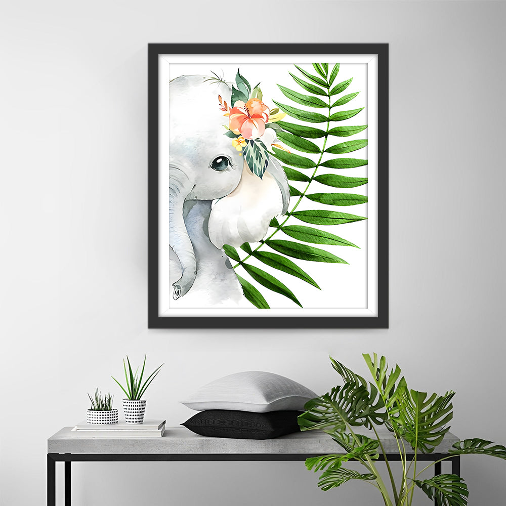 Elefantenbaby und Blatt Diamond Painting