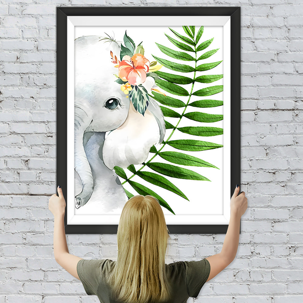 Elefantenbaby und Blatt Diamond Painting