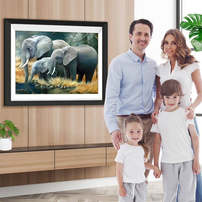 Elefantenfamilie am Fluss Diamond Painting