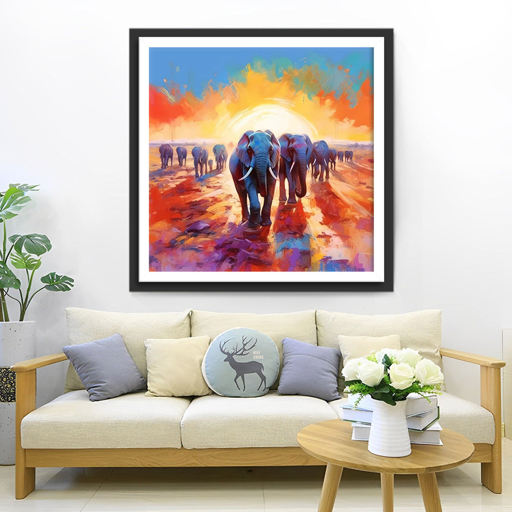 Elefantengruppe bei Sonnenaufgang Diamond Painting