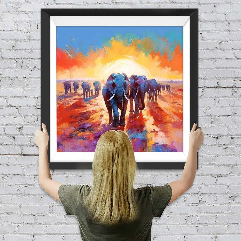 Elefantengruppe bei Sonnenaufgang Diamond Painting