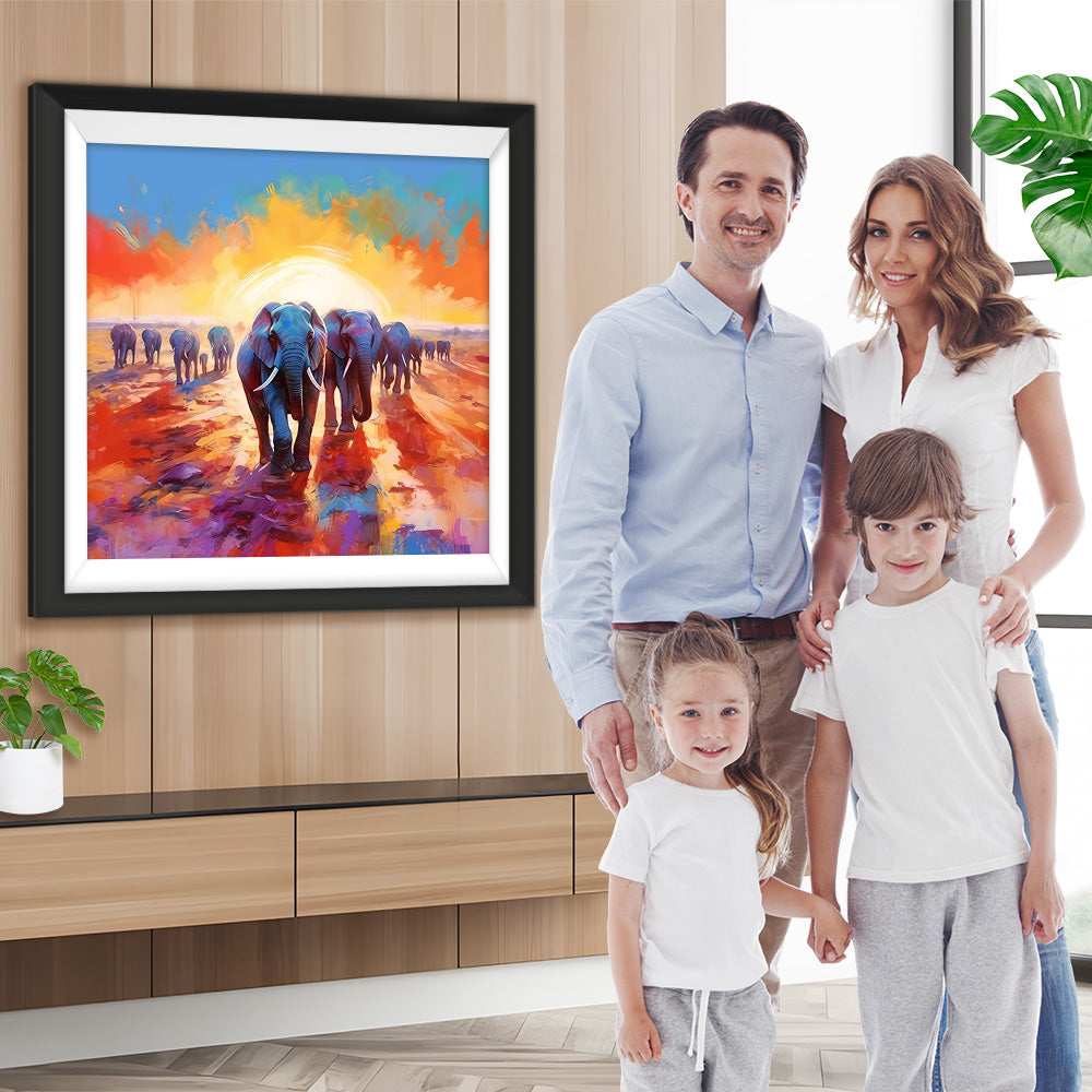 Elefantengruppe bei Sonnenaufgang Diamond Painting