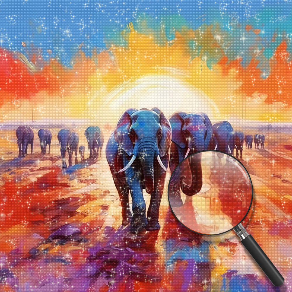 Elefantengruppe bei Sonnenaufgang Diamond Painting