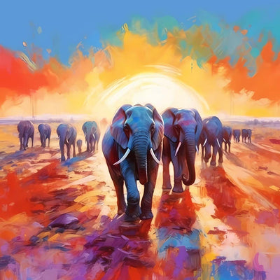 Elefantengruppe bei Sonnenaufgang Diamond Painting