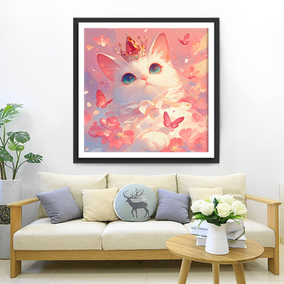 Elegante Weiße Katze und Rosa Schmetterlinge Diamond Painting