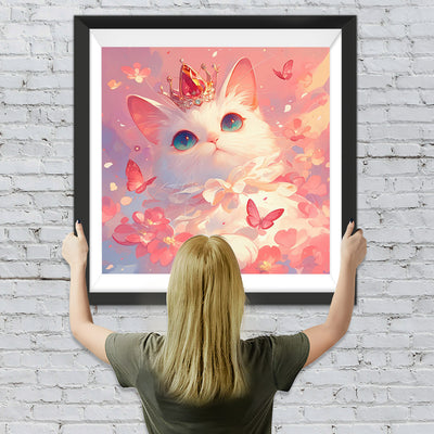 Elegante Weiße Katze und Rosa Schmetterlinge Diamond Painting