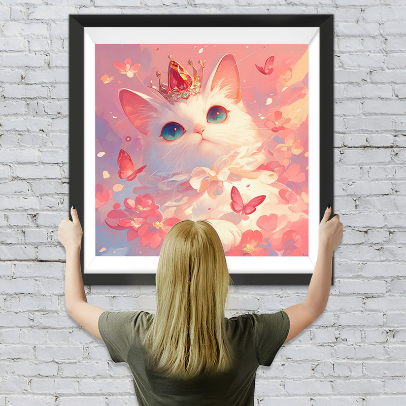 Elegante Weiße Katze und Rosa Schmetterlinge Diamond Painting