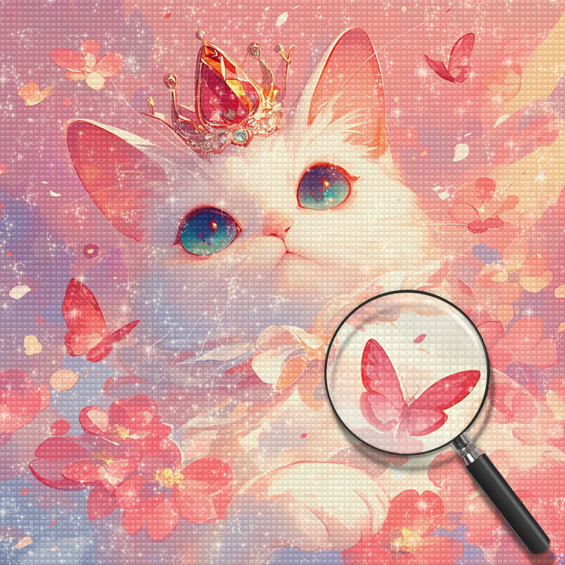 Elegante Weiße Katze und Rosa Schmetterlinge Diamond Painting