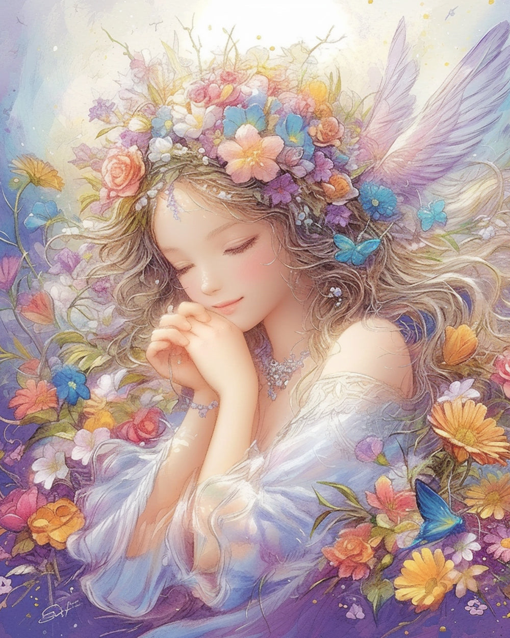 Engelsmädchen und Blumen Diamond Painting