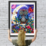 Eule, Mondsichel und Blumen Diamond Painting