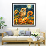 Eule, Sonnenblumen und Halloween Kürbis Diamond Painting