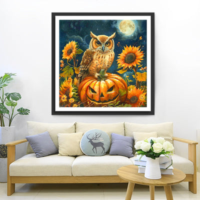 Eule, Sonnenblumen und Halloween Kürbis Diamond Painting