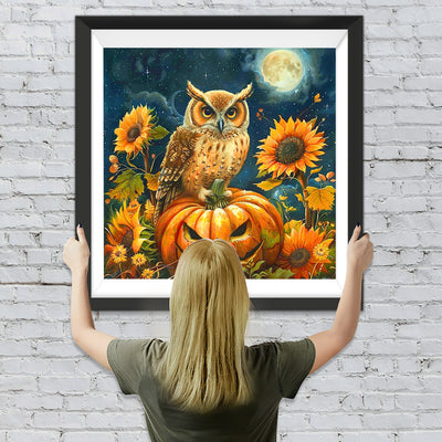 Eule, Sonnenblumen und Halloween Kürbis Diamond Painting