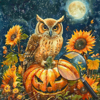 Eule, Sonnenblumen und Halloween Kürbis Diamond Painting