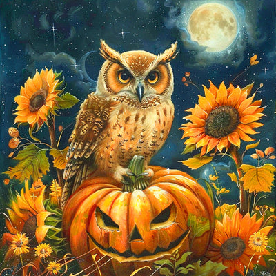 Eule, Sonnenblumen und Halloween Kürbis Diamond Painting