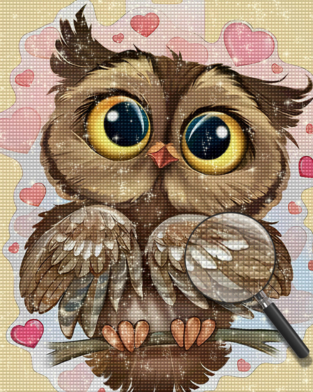 Eule und rosa Herzen Diamond Painting