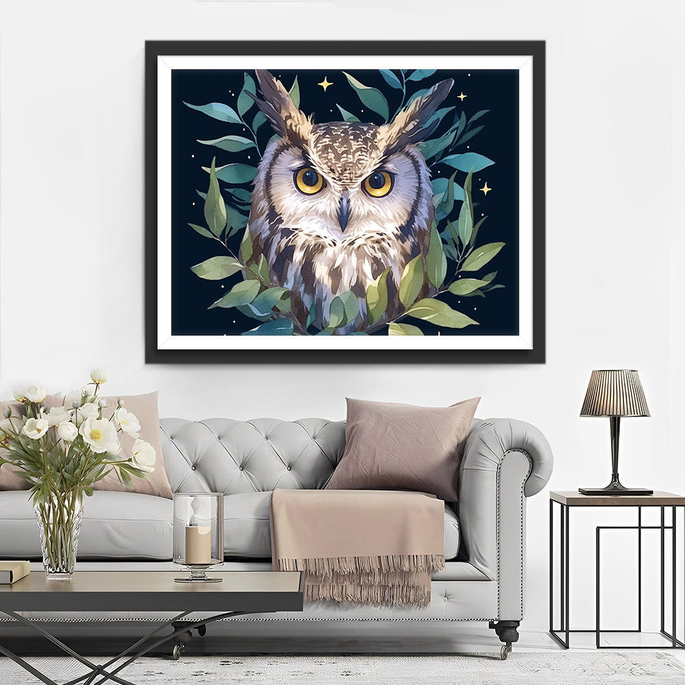 Eule unter grünen Blättern Diamond Painting