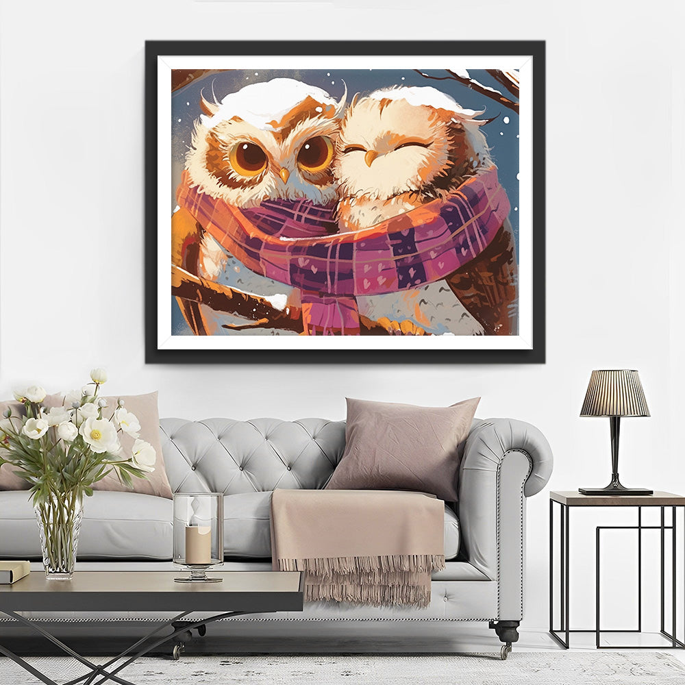 Eulen mit Halstüchern im Schnee Diamond Painting