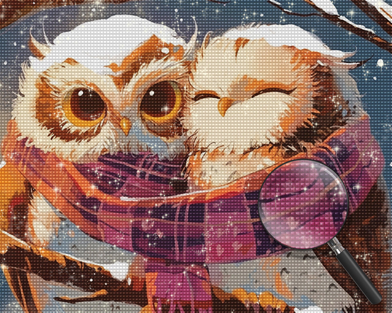 Eulen mit Halstüchern im Schnee Diamond Painting