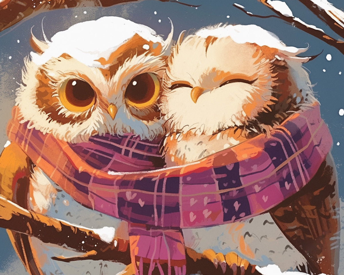 Eulen mit Halstüchern im Schnee Diamond Painting