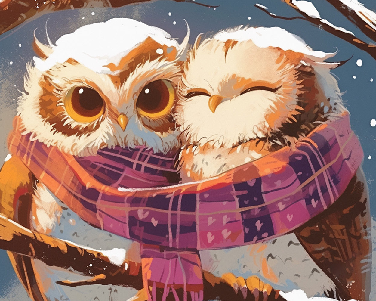 Eulen mit Halstüchern im Schnee Diamond Painting
