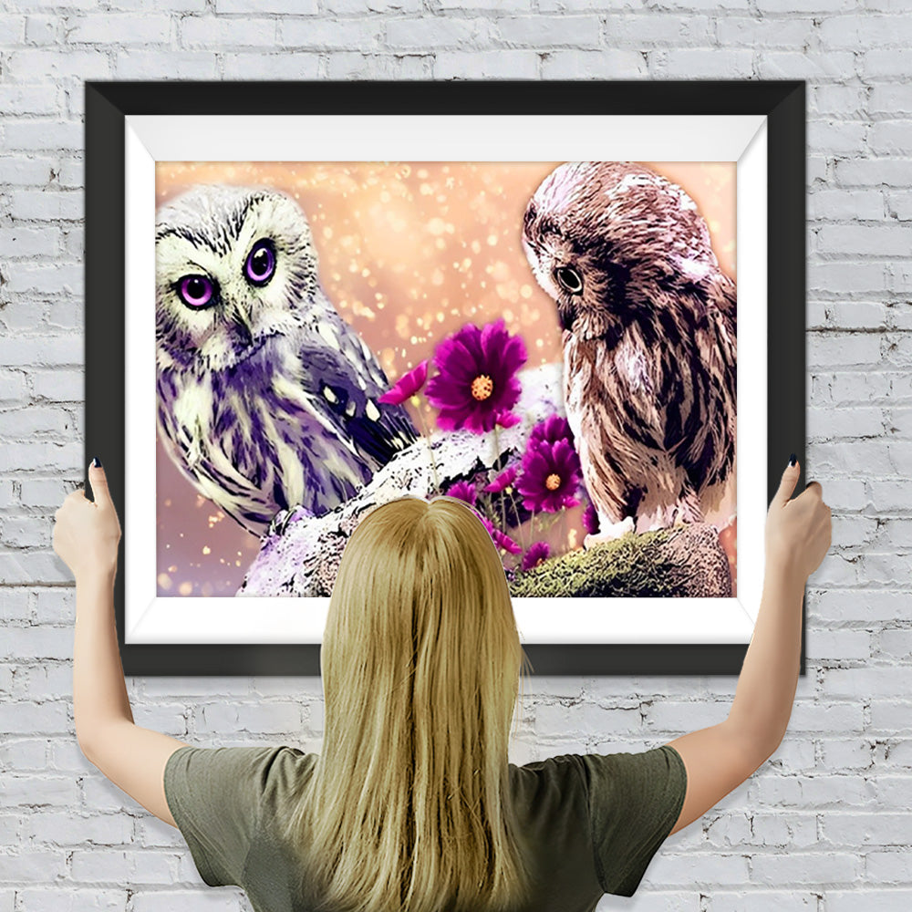 Eulen und lila Gänseblümchen Diamond Painting