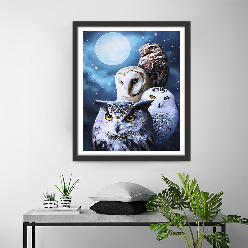 Eulenfamilie und Vollmond Diamond Painting