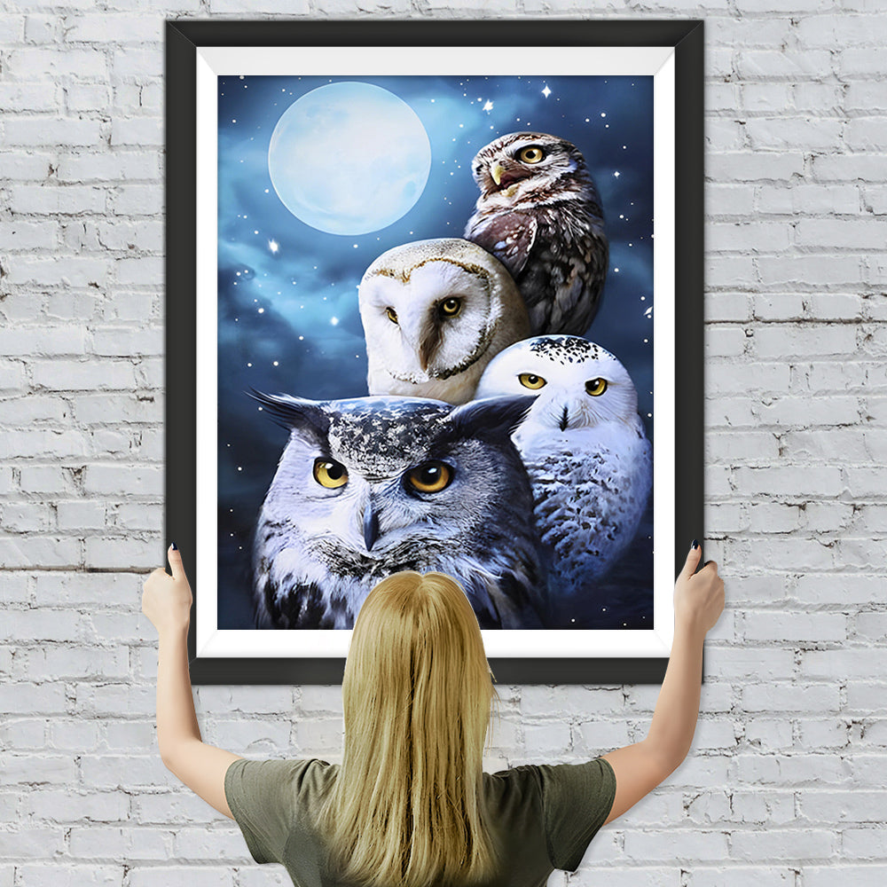 Eulenfamilie und Vollmond Diamond Painting