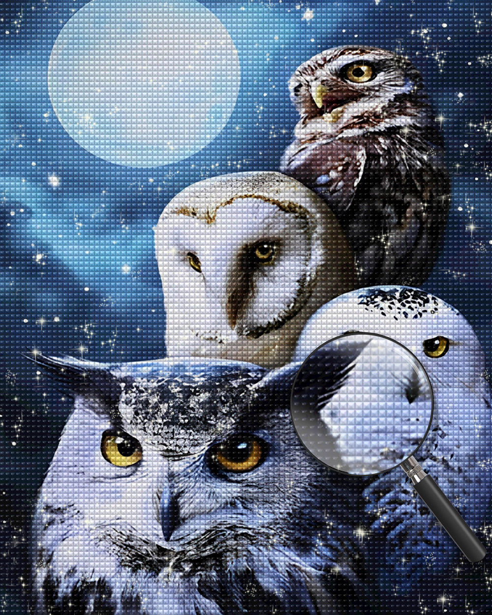 Eulenfamilie und Vollmond Diamond Painting