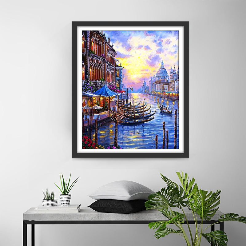 Europäische Gebäude und Boote in der Abenddämmerung Diamond Painting