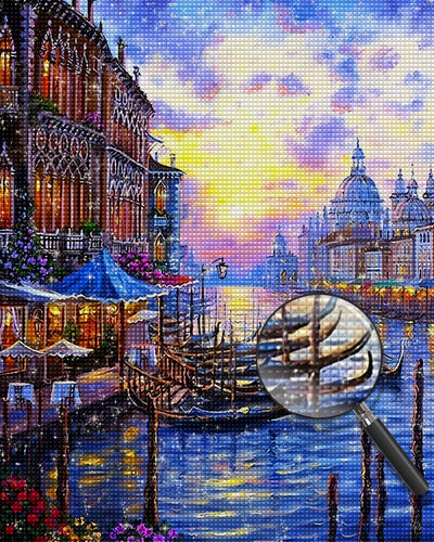 Europäische Gebäude und Boote in der Abenddämmerung Diamond Painting