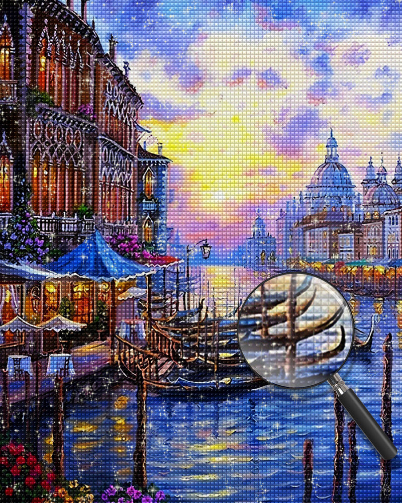Europäische Gebäude und Boote in der Abenddämmerung Diamond Painting