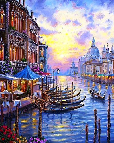Europäische Gebäude und Boote in der Abenddämmerung Diamond Painting