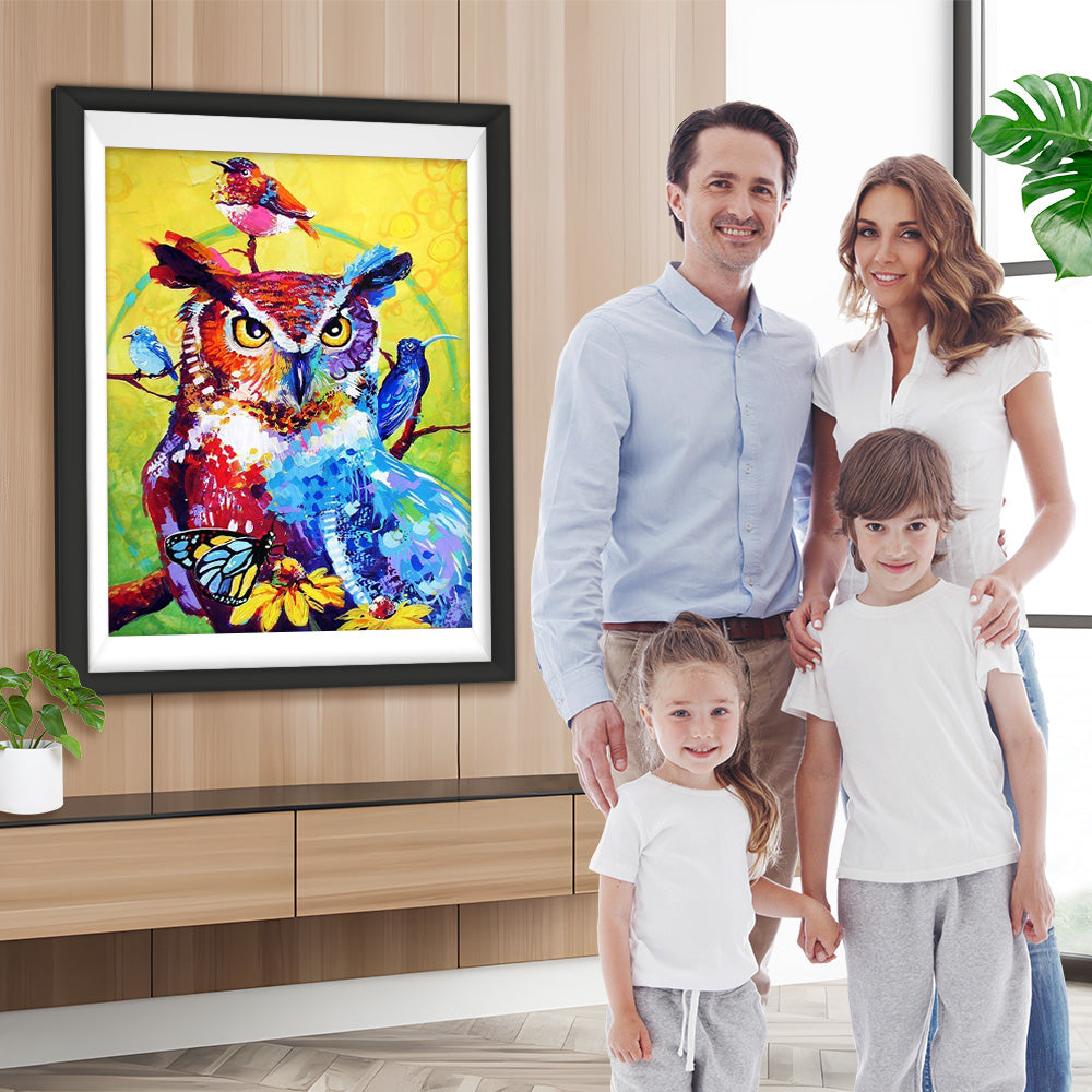 Farbige Eule und Vögel Diamond Painting