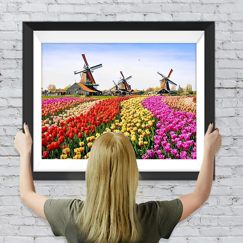 Farbige Tulpen und Holländische Windmühle Diamond Painting