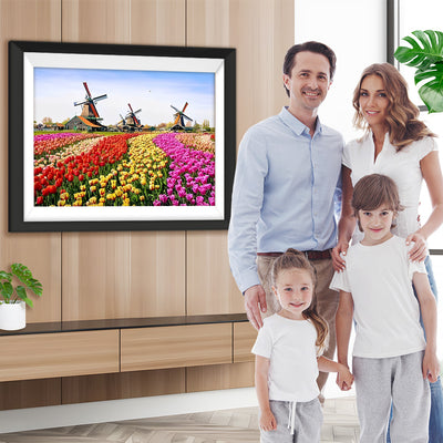 Farbige Tulpen und Holländische Windmühle Diamond Painting