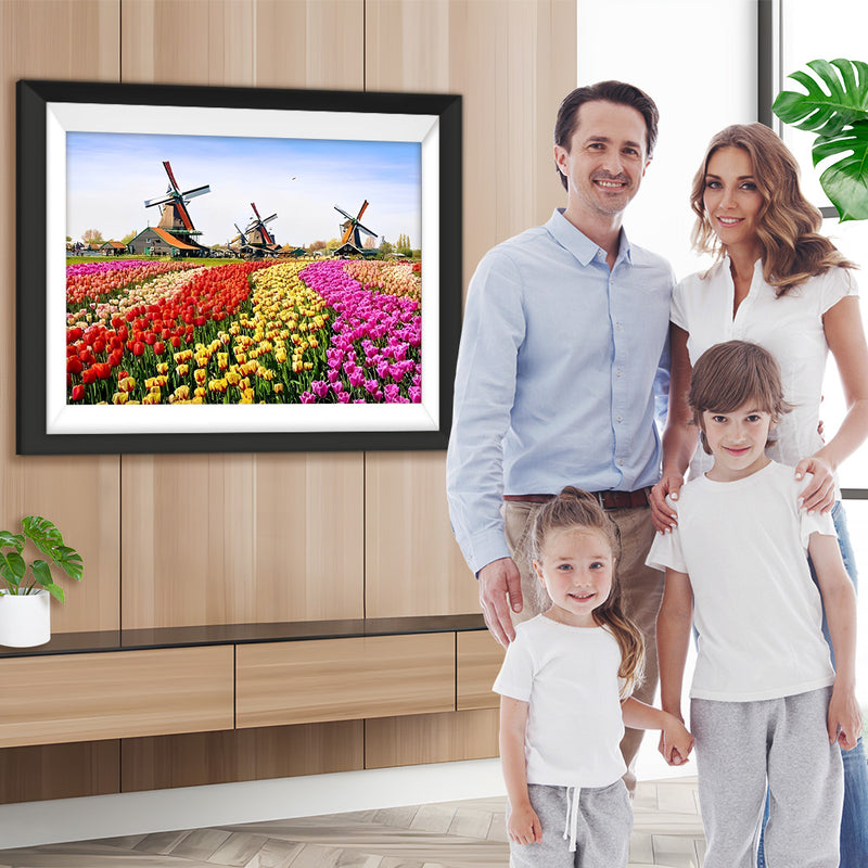 Farbige Tulpen und Holländische Windmühle Diamond Painting