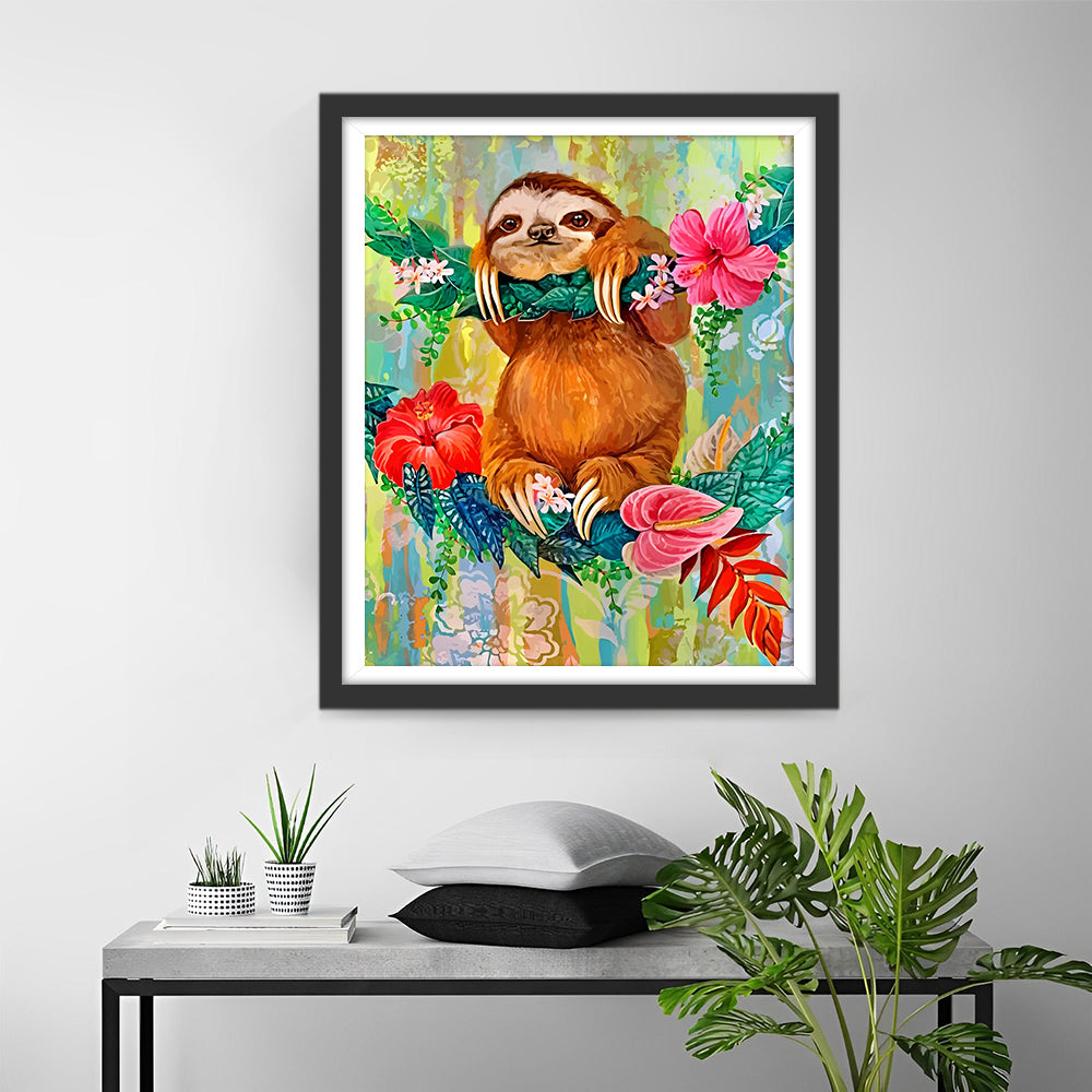 Faultier an einem blühenden Baum Diamond Painting