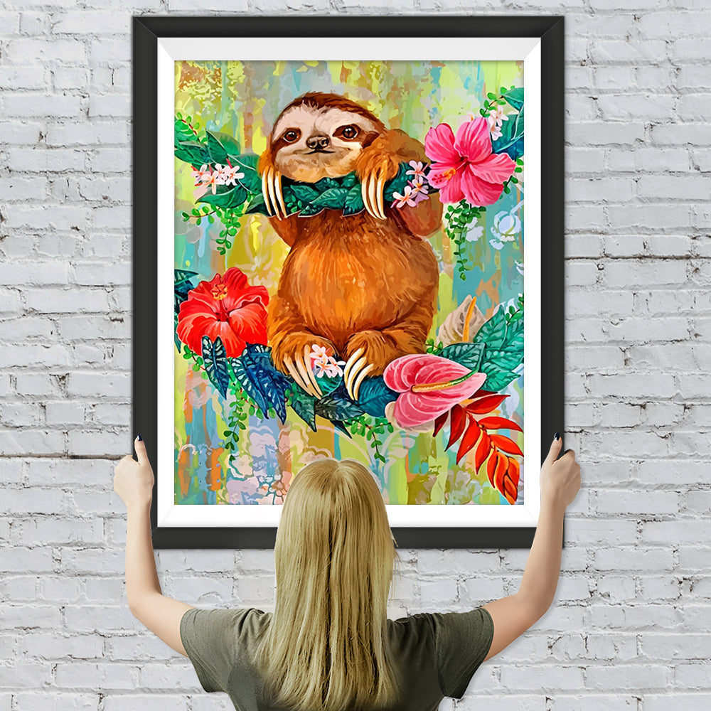 Faultier an einem blühenden Baum Diamond Painting