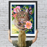 Fette Katze und rosa Blumen Diamond Painting