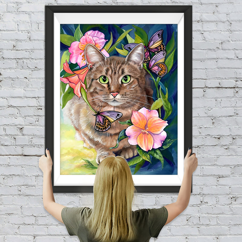 Fette Katze und rosa Blumen Diamond Painting