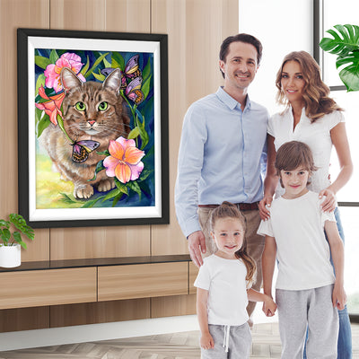 Fette Katze und rosa Blumen Diamond Painting