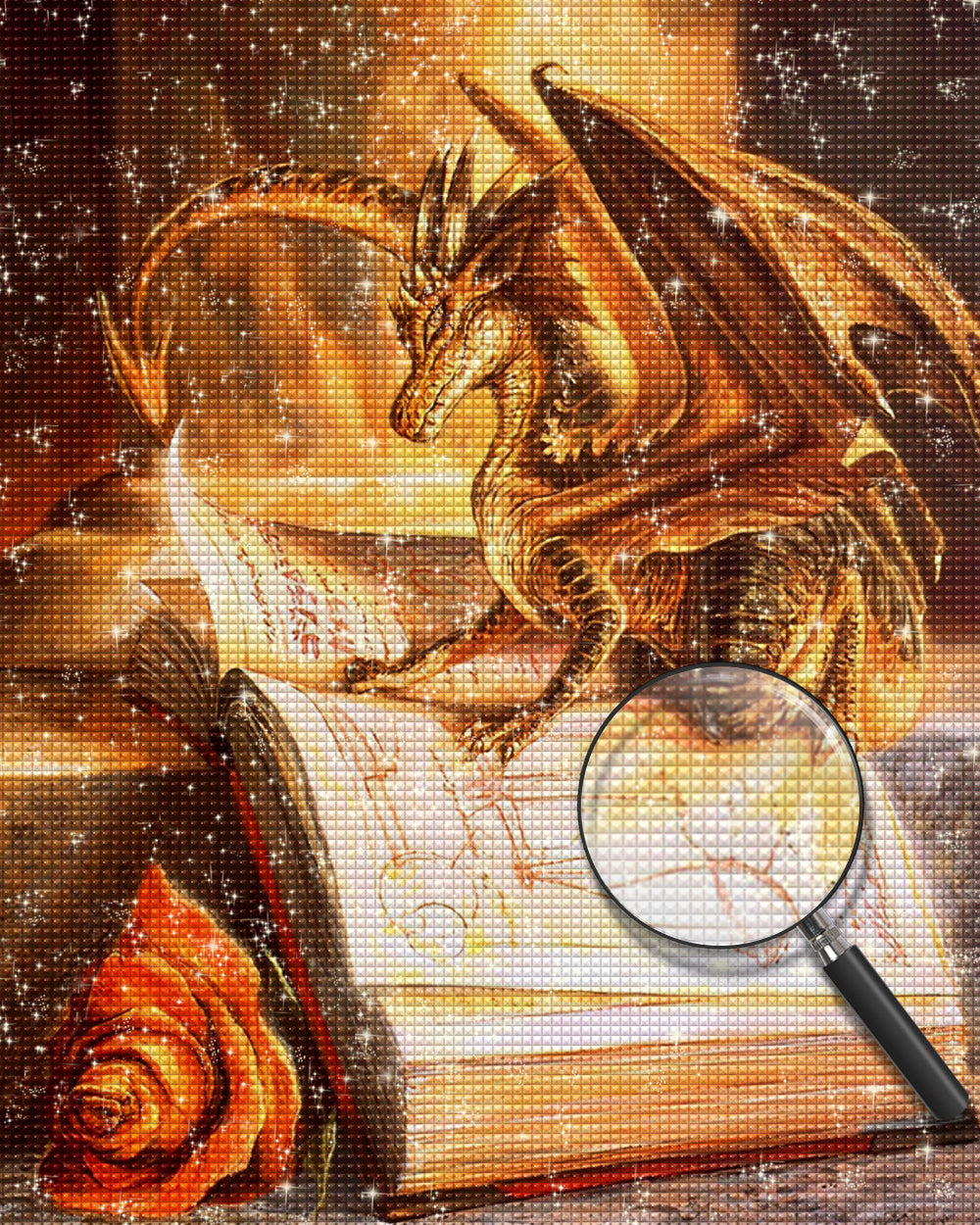 Feuerdrache liest ein Buch Diamond Painting