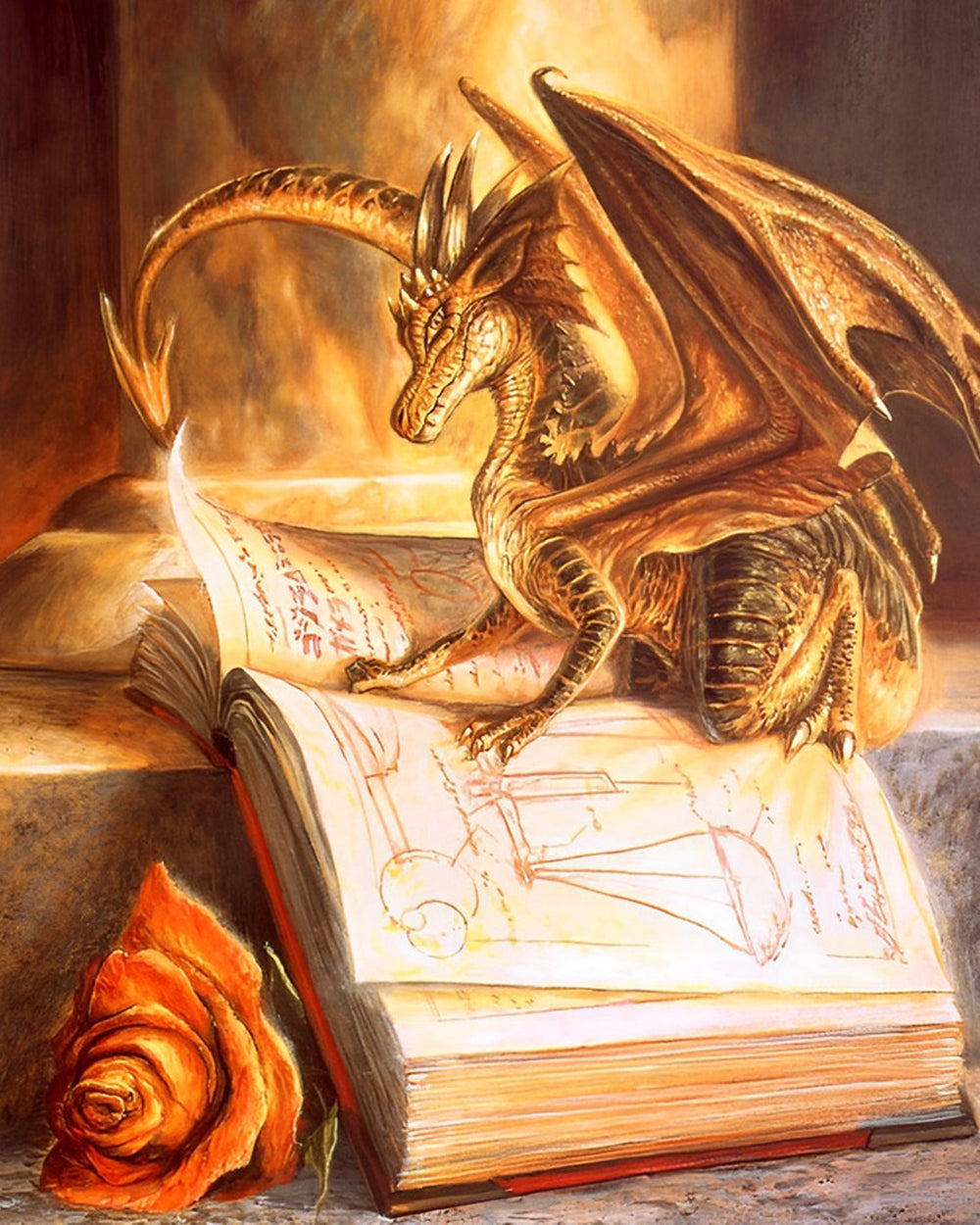 Feuerdrache liest ein Buch Diamond Painting
