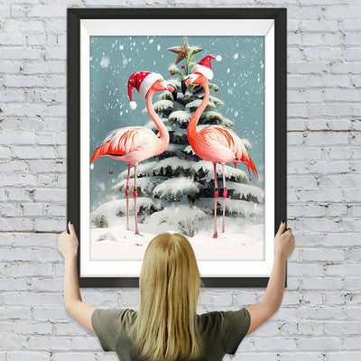 Flamingos und Weihnachtsbaum im Schnee Diamond Painting