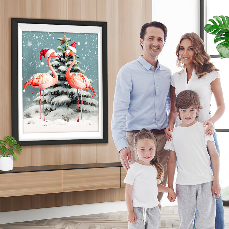 Flamingos und Weihnachtsbaum im Schnee Diamond Painting